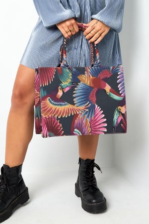 Shopper vogelprint medium Zwart Multi Polyester h5 Afbeelding2